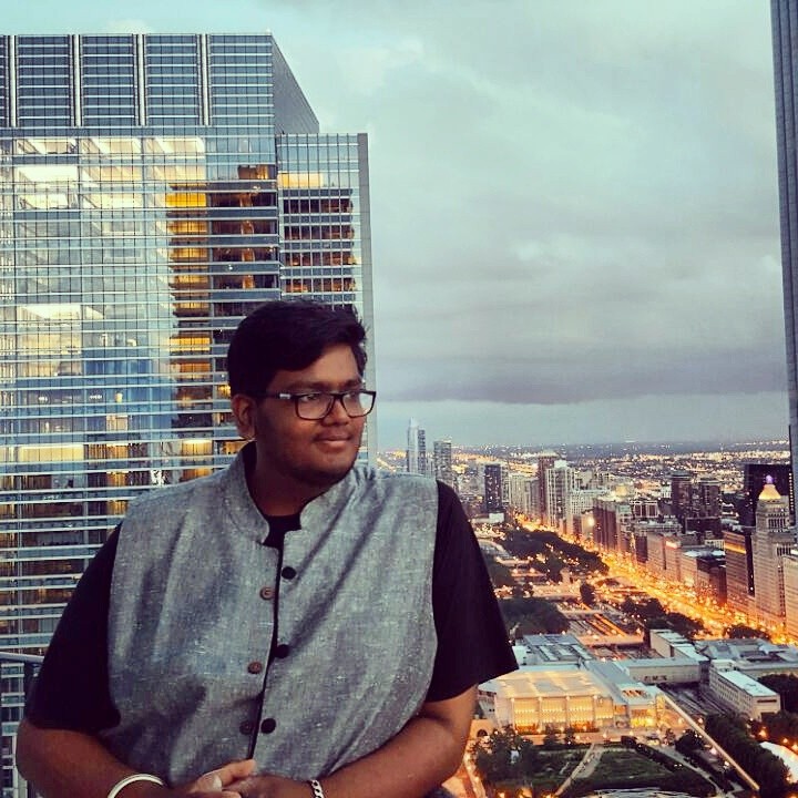 Vishu above the Chicago skyline at dusk