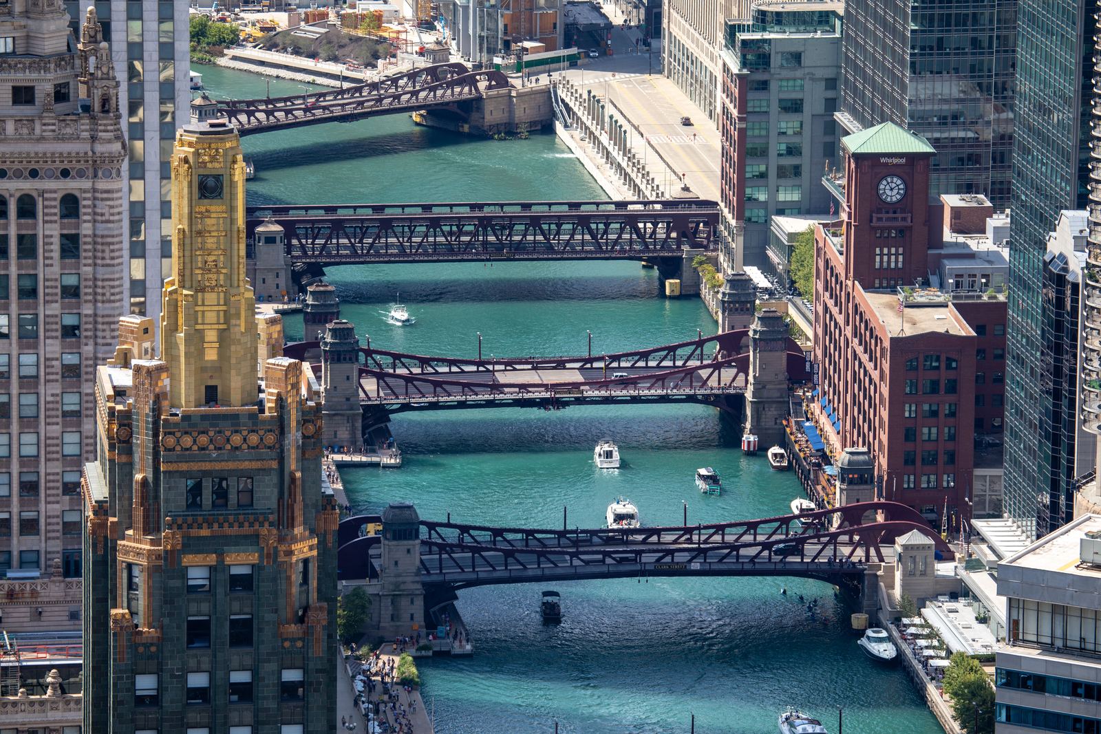 Aerial view of Chicago River bridges and commercial towers