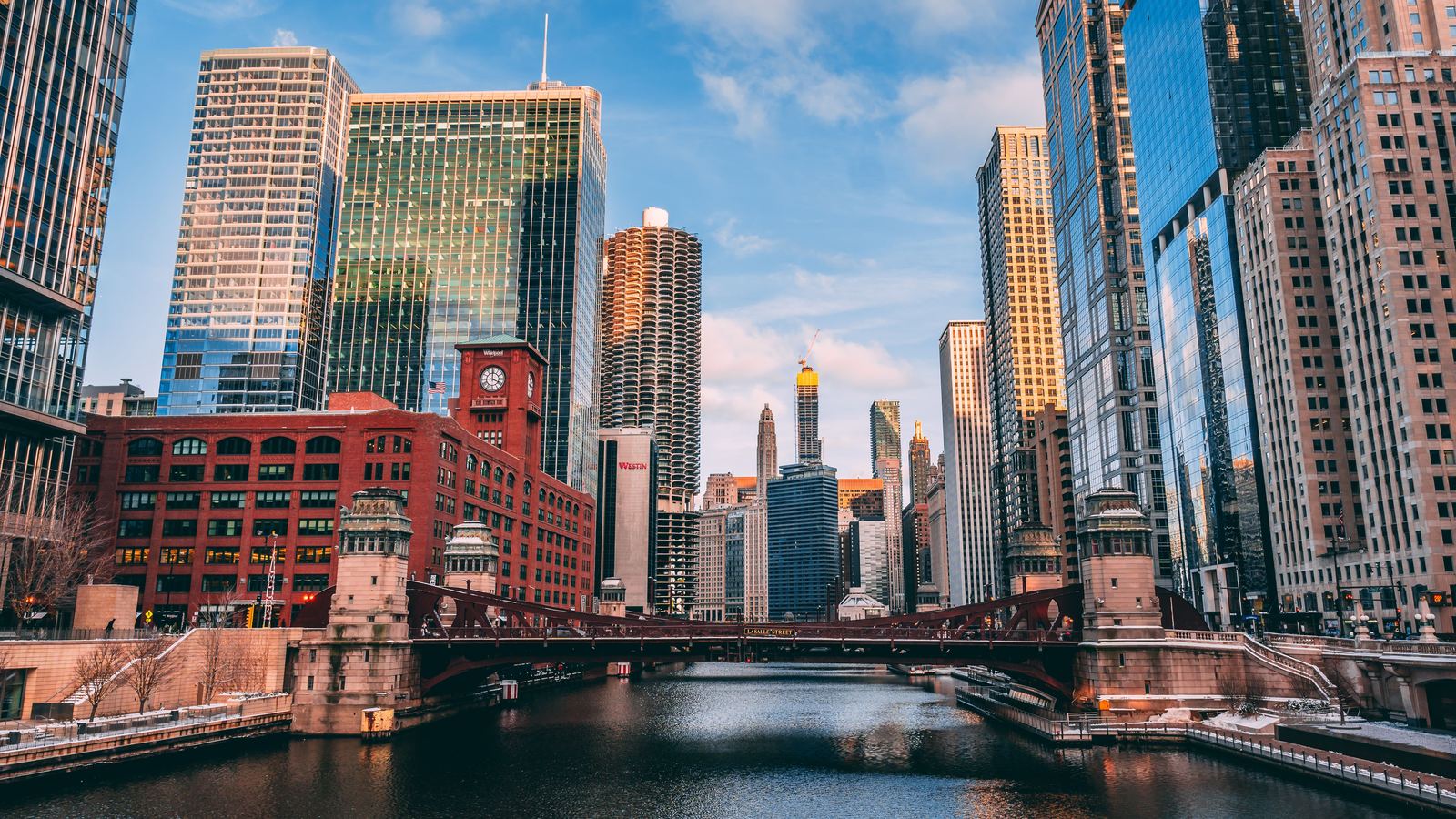 Chicago River with brick and glass commercial buildings